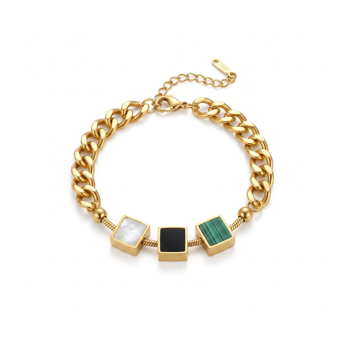 QIAOREN 13766 Thick Cuban Curb Link Bracelet with Three Natural Stone Lobster Clasp Gold Wrist Jewelry