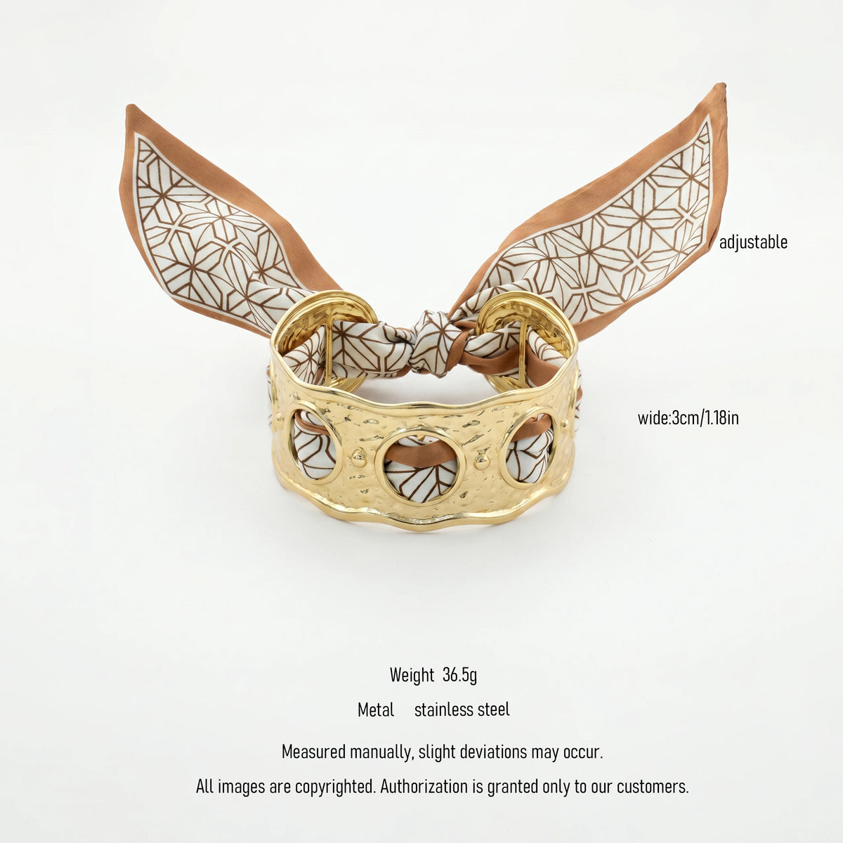 QIAOREN 10999 Luxury Hollow Wide Cuff Bracelet Stainless Steel Silk Ribbon Wrap Bangle for Women Summer Vacation Style