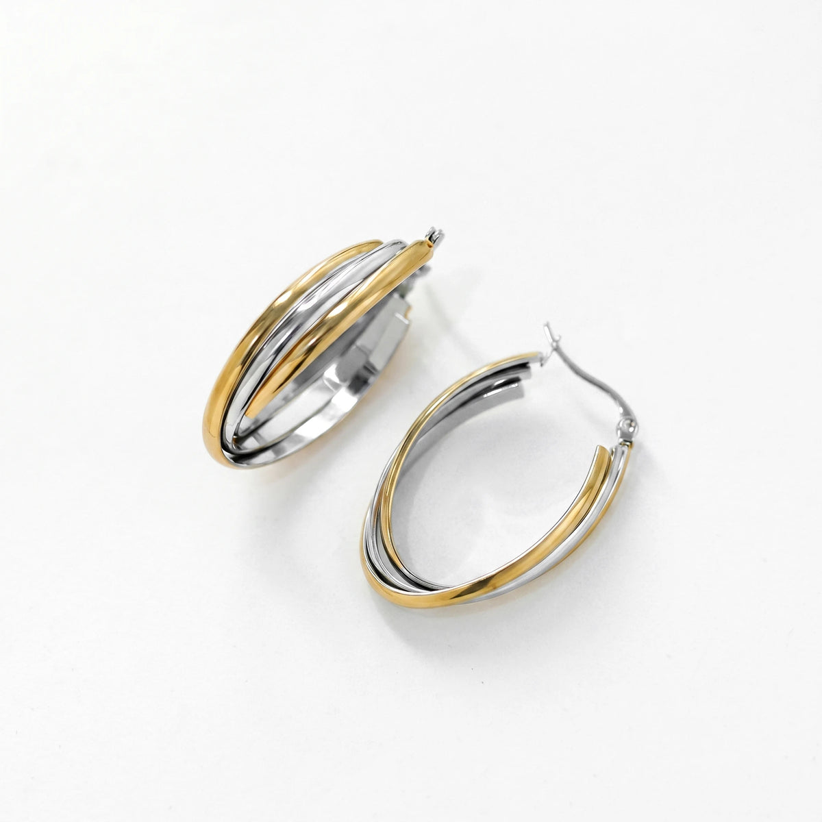 QIAOREN 12405 Waterproof Tarnish Free Triple Band Hoop Earrings Gold Silver Two-Tone Multi-Layer Latchback Hoops Europe US