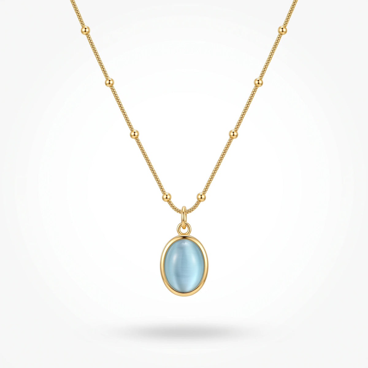 QIAOREN 13477 Dainty Beaded Snake Chain Oval Light Blue Cat Eye Pendant Necklace, Minimalist Cool Tone Necklace