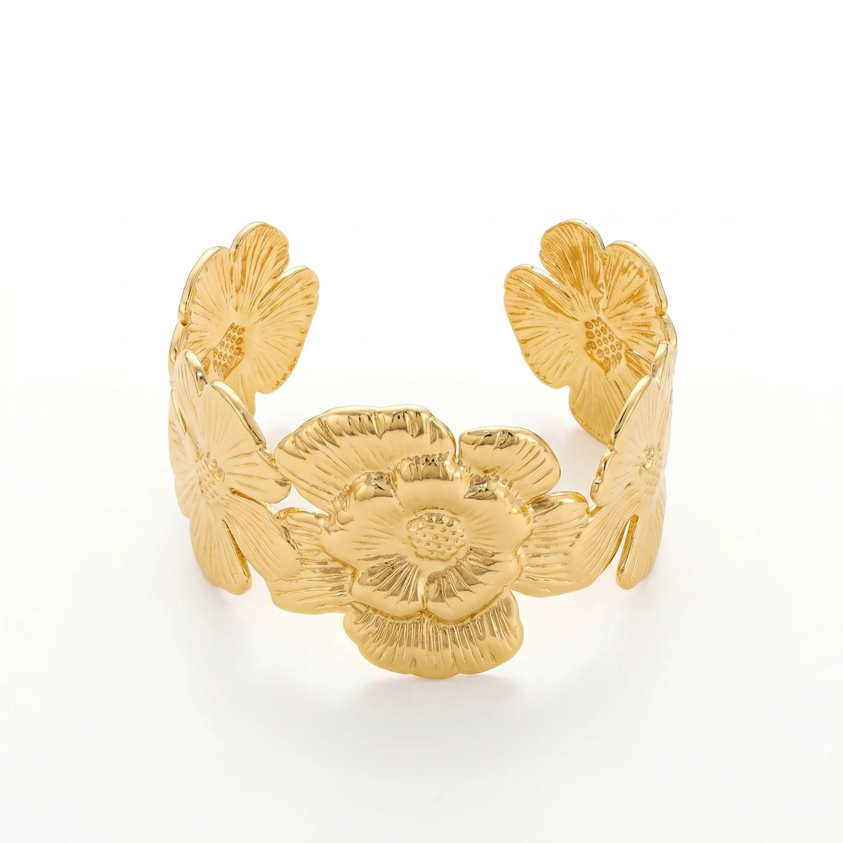 QIAOREN 12716 Vintage Overlapping Veined Floral Wide Cuff Charm Bracelet Hypoallergenic Stainless Steel Gold Plated Moon Shape