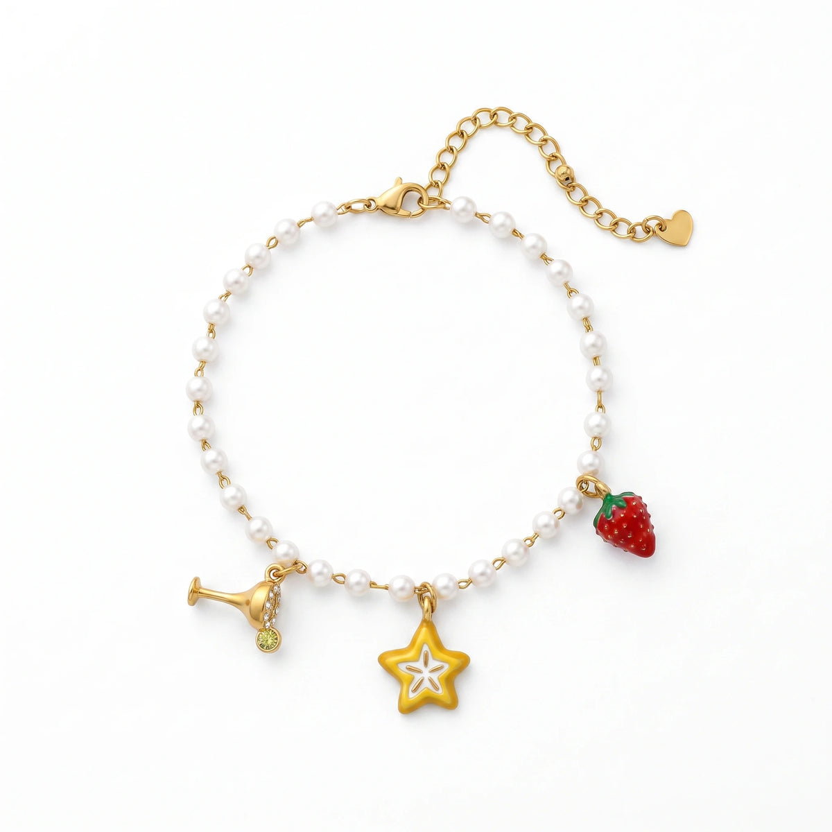 QIAOREN 13333 Sweet Party Pearl Anklet with Wine Glass, Hollow Star & Strawberry Charms, Cute Summer Foot Jewelry Gift