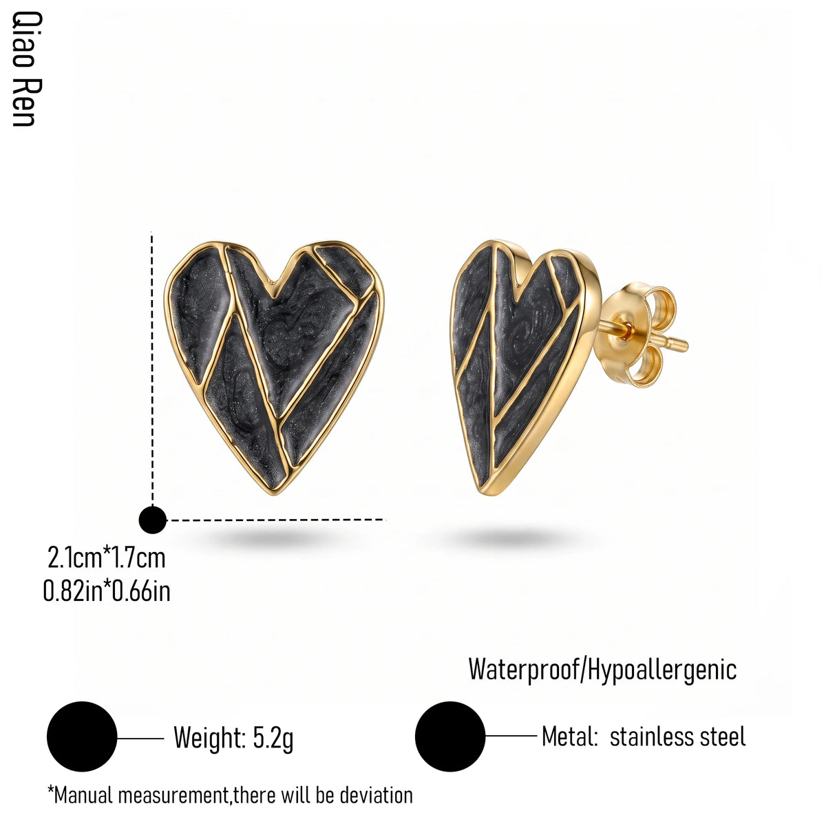 QIAOREN 14085-14087 Stainless Steel Heart Stud Earrings Gold Waterproof Hypoallergenic Statement Jewelry