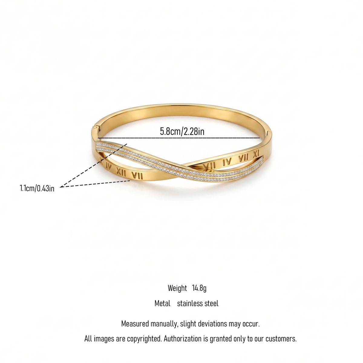 QIAOREN 13667 Twisted Interlock Spring Cuff Bangle Engraved Roman Numerals with Full Paved Clear Zircon