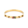 QIAOREN 13666 Spring Opening Gloss Gold Bangle Bracelet with Colorful Rhinestone Bow & Four 3D Rose Charms