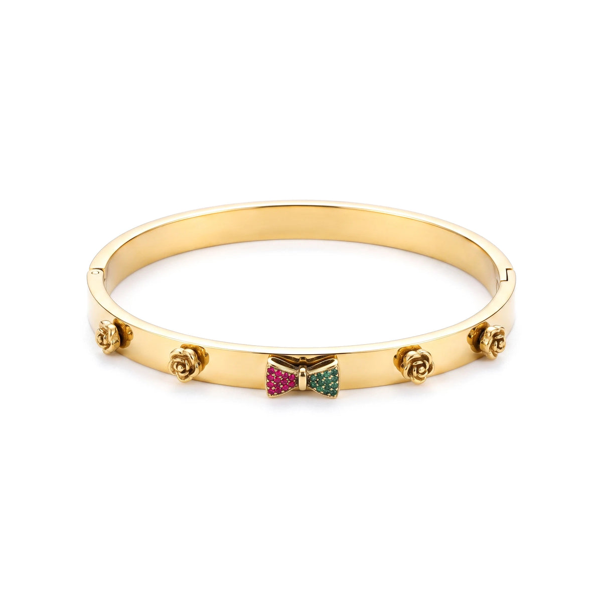 QIAOREN 13666 Spring Opening Gloss Gold Bangle Bracelet with Colorful Rhinestone Bow & Four 3D Rose Charms