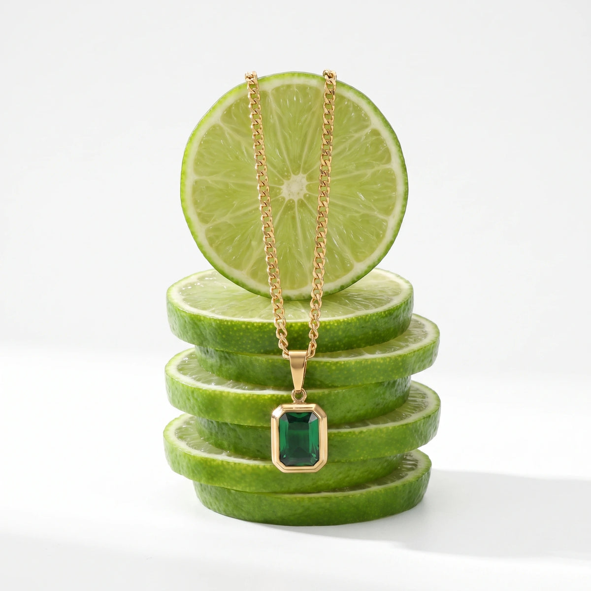 QIAOREN 14375 Emerald Cut Green Zirconia Rectangle Pendant Curb Chain Necklace, Stainless Steel Jewelry Gift