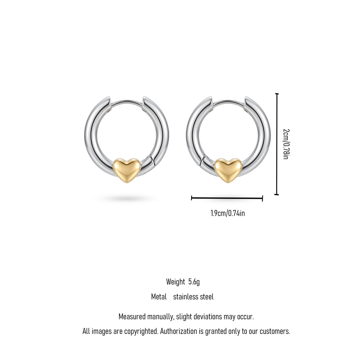 QIAOREN 12756 Hypoallergenic Silver Huggie Hoop Earrings With Gold Heart Charm Stainless Steel Contrast Ear Jewelry
