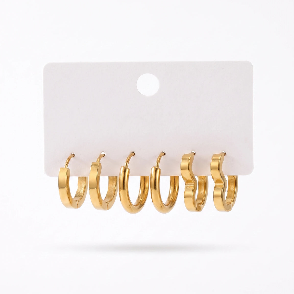 QIAOREN 14474 3 Pair Gold Stainless Steel Huggie Hoop Earrings Set, Flat Square, Thick Round & Wavy Shape