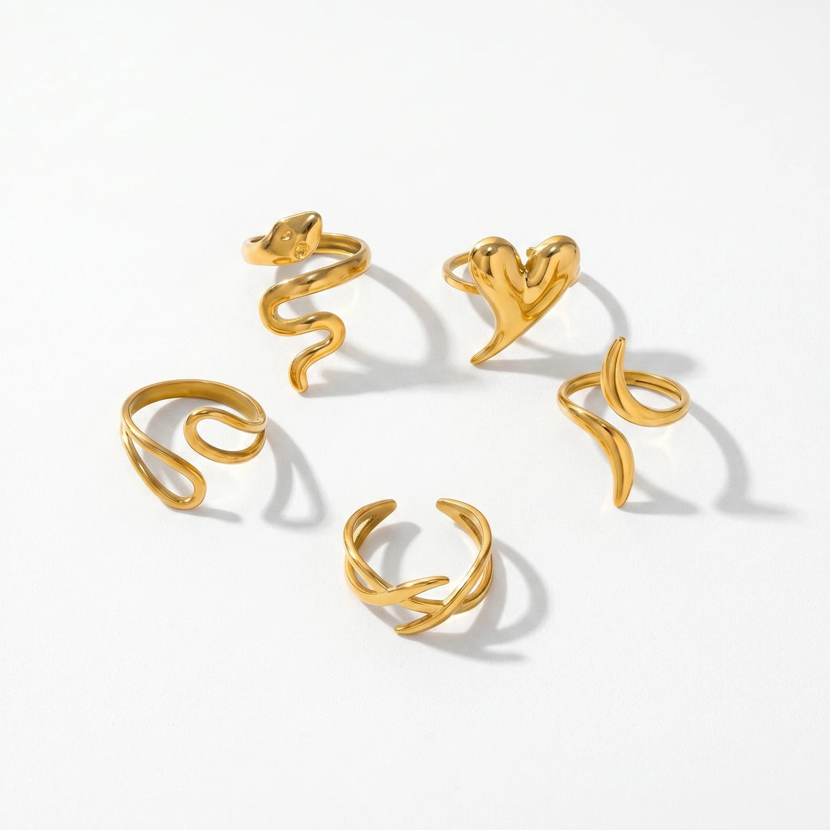 QIAOREN 13086-90 5Pcs 18K Gold Plated Stainless Steel Open Ring Set, Adjustable Stackable Heart Finger Rings