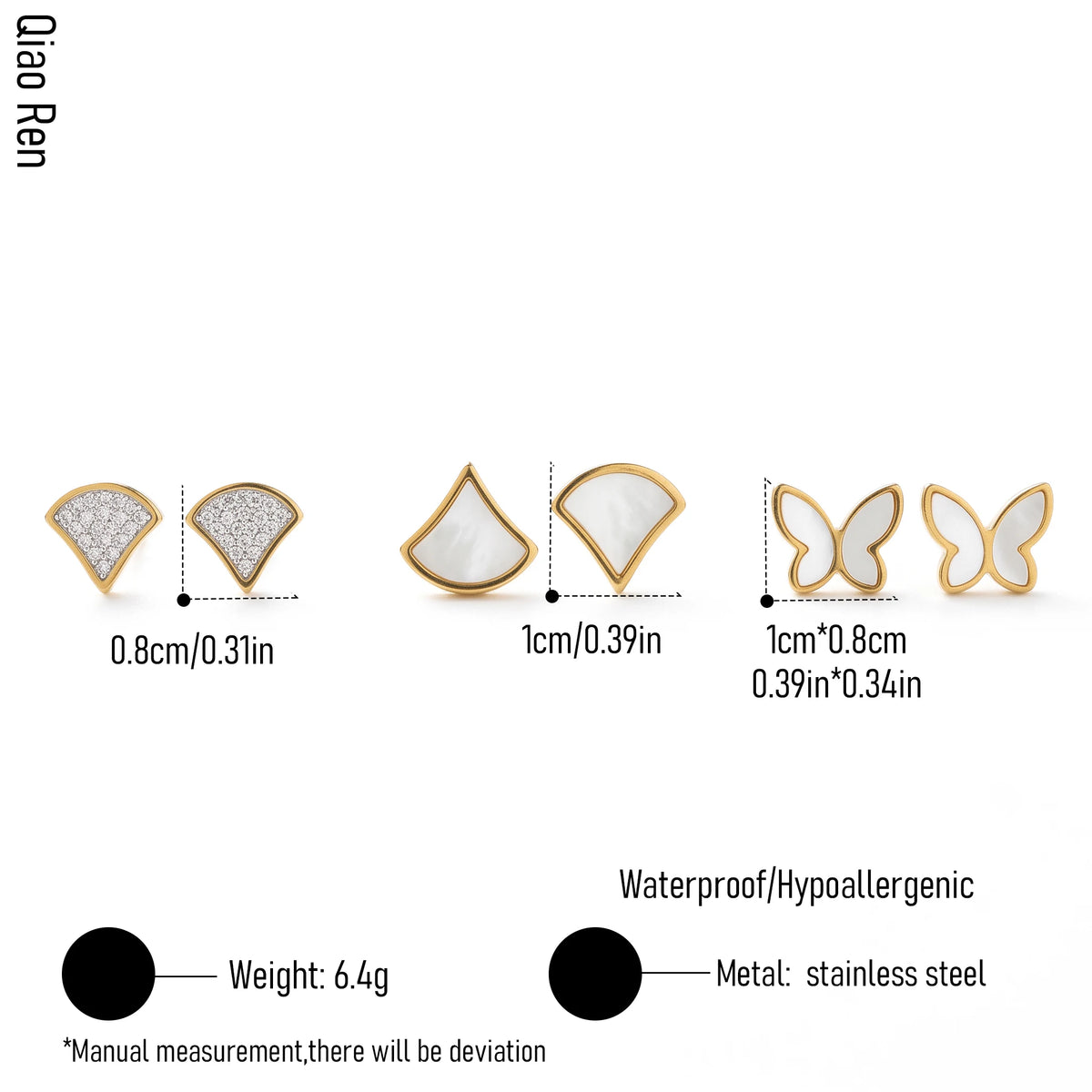 QIAOREN 14450 3 Pair Gold Stainless Steel Stud Earrings, White Quartz Fan & Quartz Butterfly for Women Daily Casual Outfits