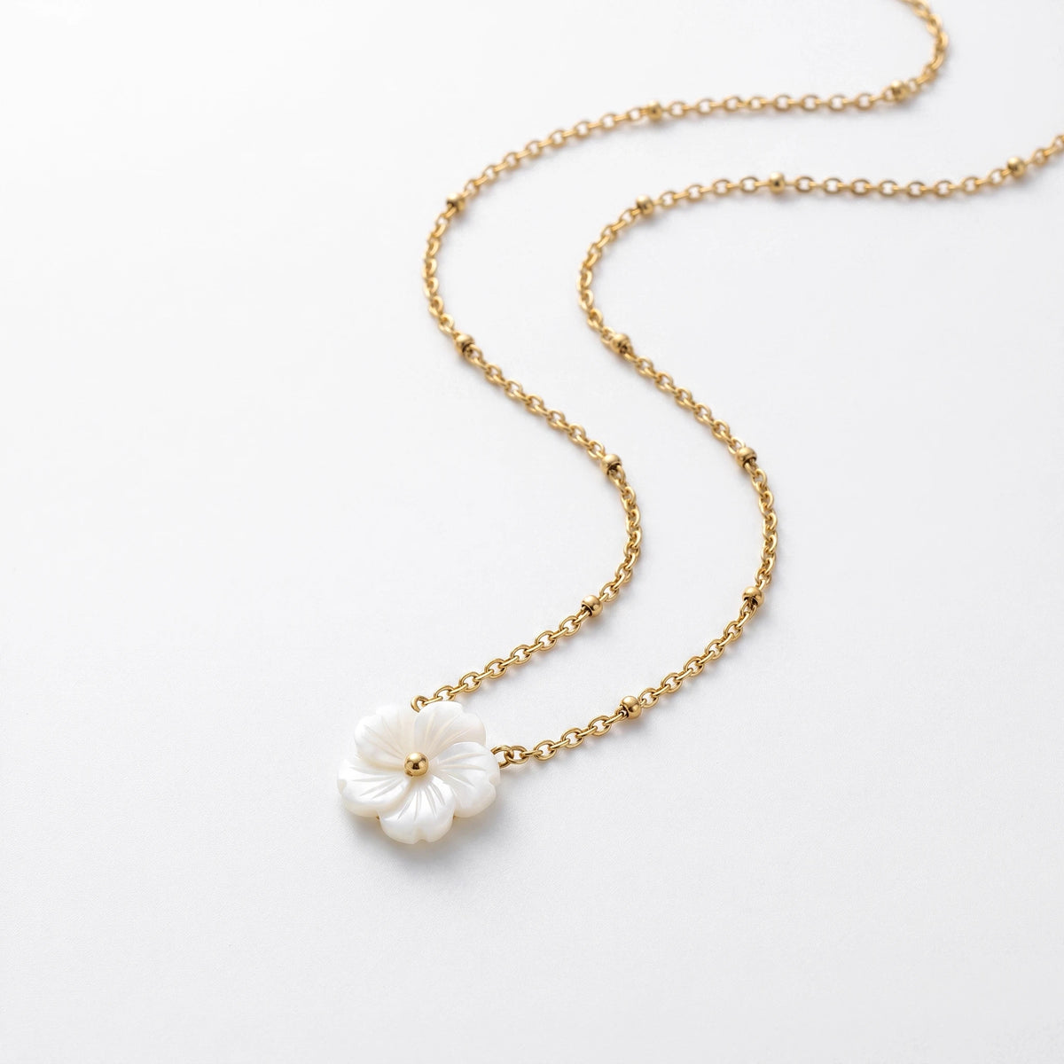 QIAOREN 13523 Dainty White Shell Flower Pendant Station Necklace with Round Beaded Thin Cable Chain, Gold Tiny Floral Necklace
