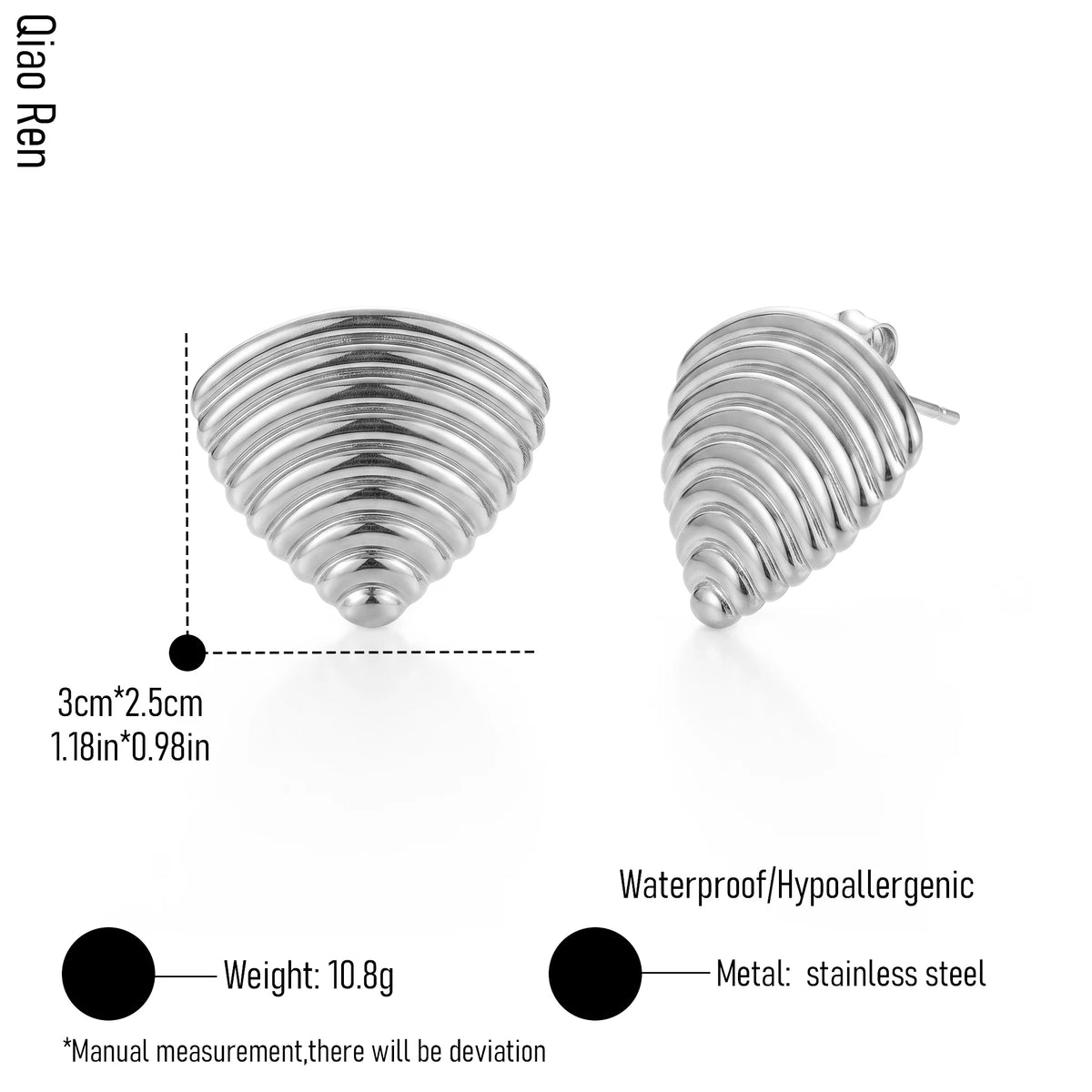 QIAOREN 14057 Polished Gold Ridged Conical Shell Stud Earrings, Horizontal Fluted Triangle Seashell Shape Ear Stud Jewelry Gift