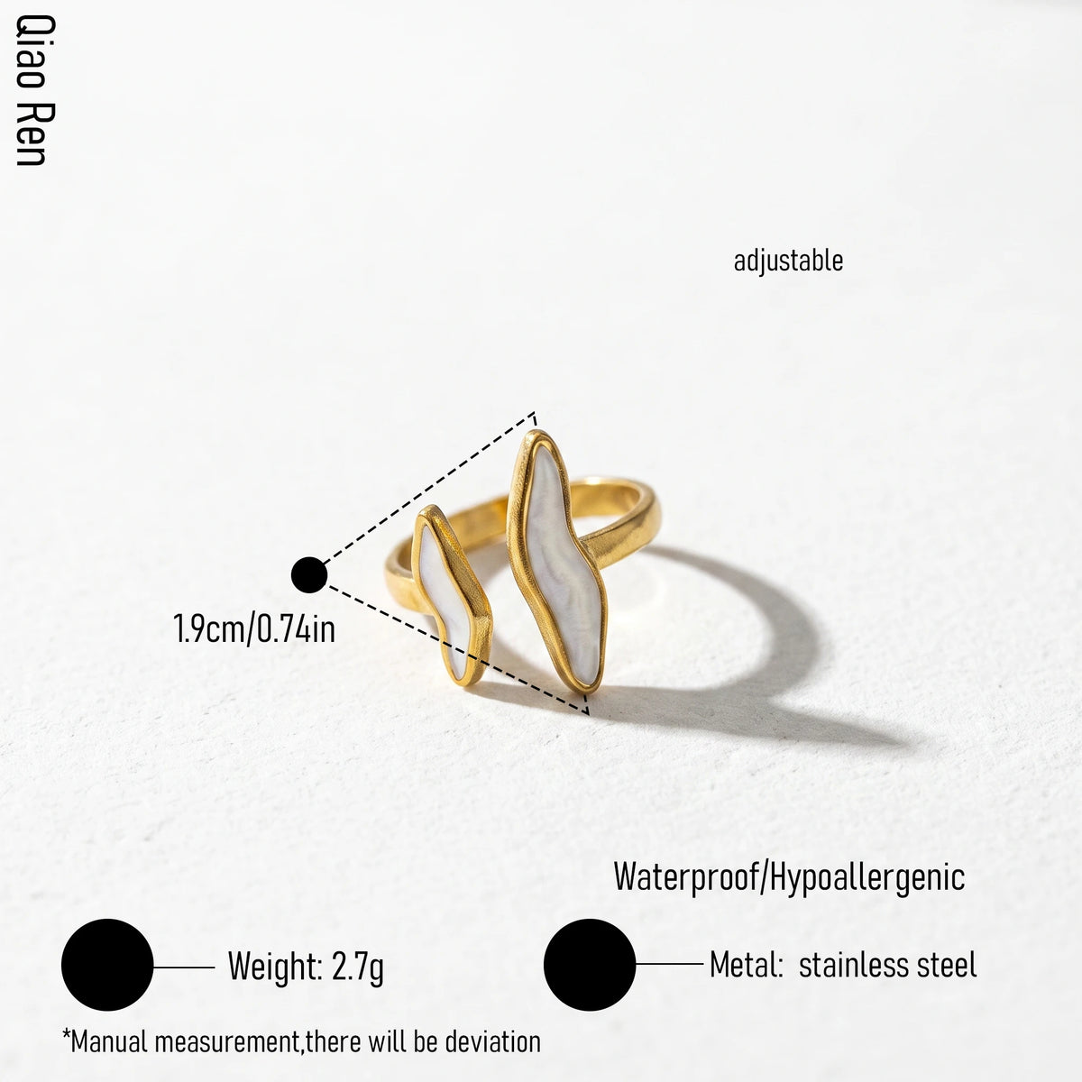 QIAOREN 14232-38 White Enamel Irregular Wave Open Ring Set, Abstract Curved Adjustable Stackable Ring Jewelry Gift