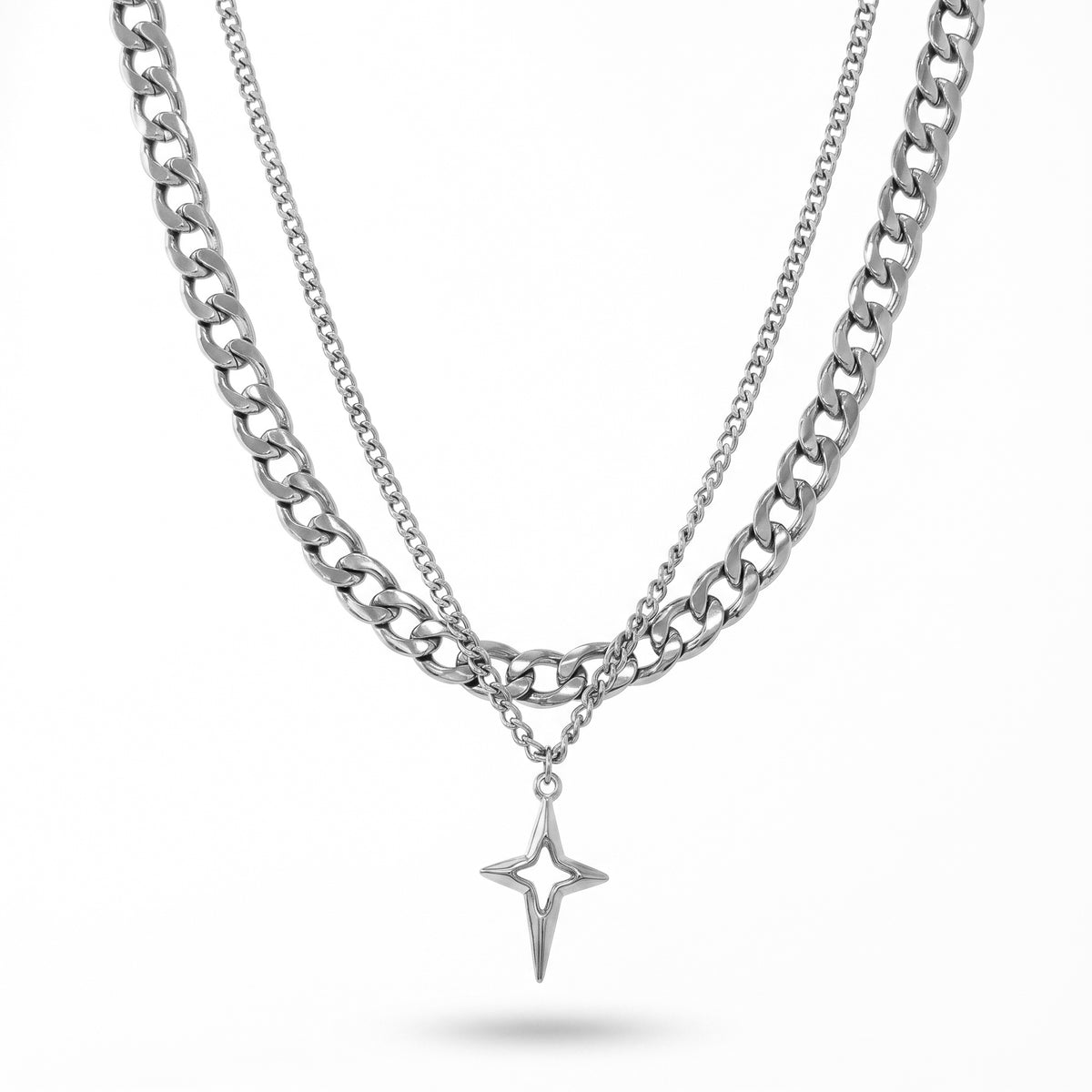 QIAOREN 11314 Edgy Layered Chunky Chain Hollow Star Pendant Necklace 18K Gold Plated Stainless Steel Waterproof Jewelry