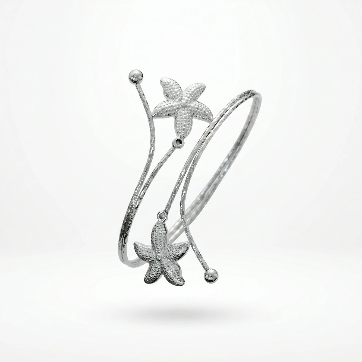 QIAOREN 12803 Stainless Steel Silver Double Starfish Open Cuff Bangle Adjustable Ocean Beach Wrist Bracelet for Women