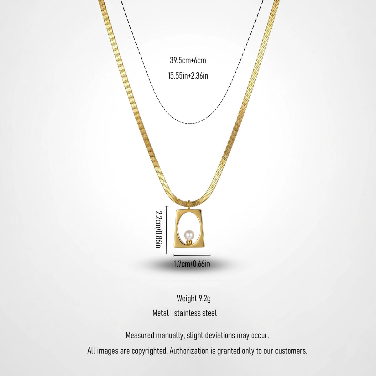 QIAOREN 13807 Thin Flat Herringbone Snake Chain Pendant Necklace with Hollow Rounded Square Frame Charm Single White Pearl