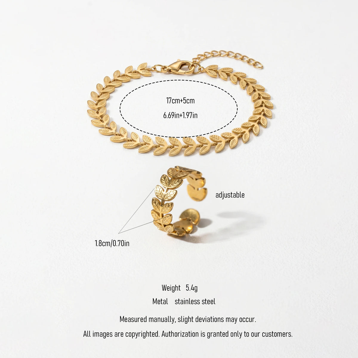 QIAOREN 11579 Elegant 18K Gold Plated Stainless Steel Quartz Chain Bracelet and Ring Set Nature Inspired Women's Gift Jewelry