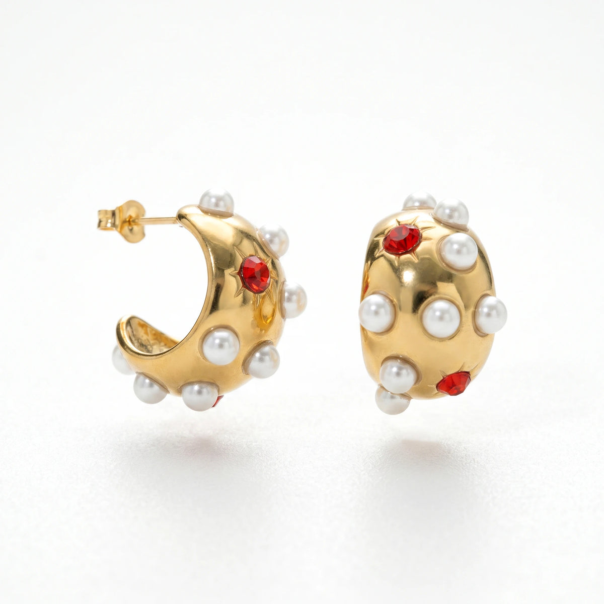 QIAOREN 12436Vintage Geometric 18K Gold Plated Stainless Steel Stud Earrings Red Starburst Chunky Hoops Women