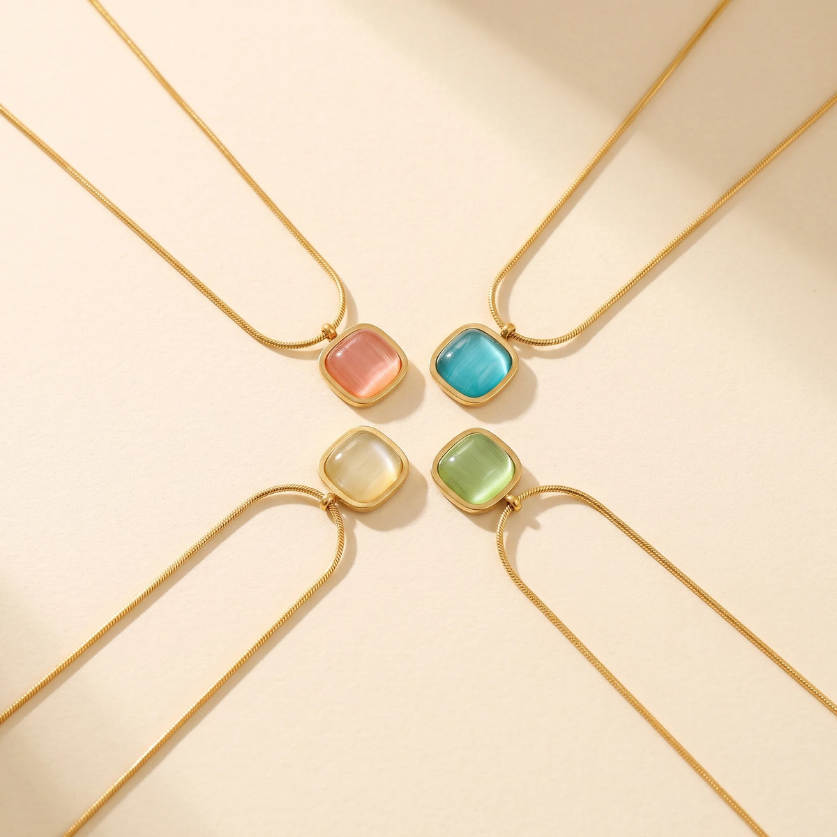 QIAOREN 13754-57  Multi Color Thin Snake Chain Pendant Necklaces with Rounded Square Cat Eye Stone Charms