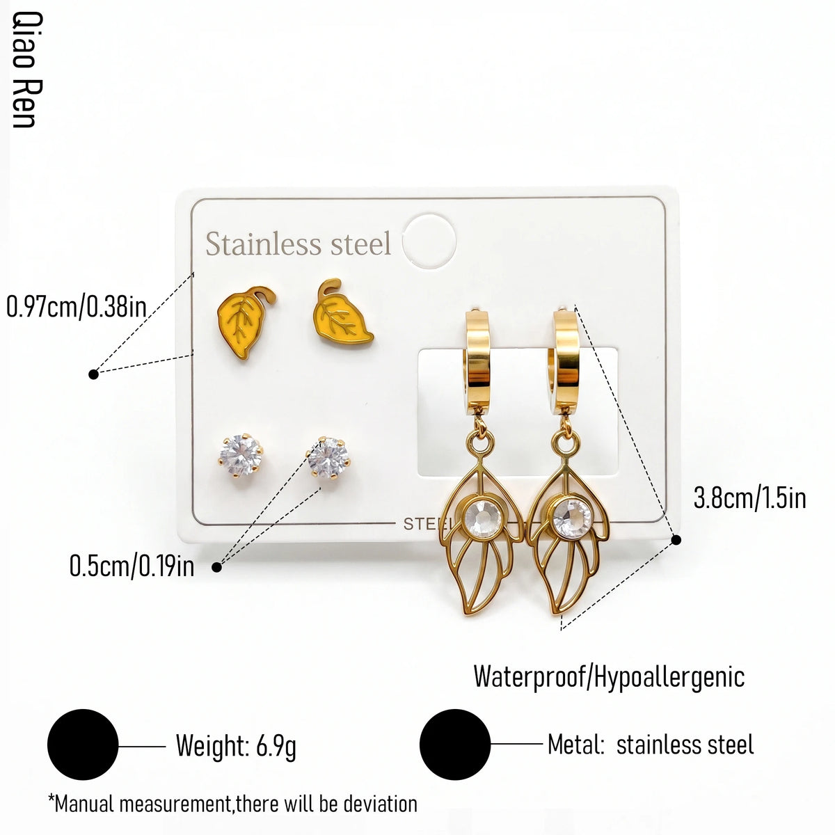 QIAOREN 14524 Waterproof Stainless Steel Earrings Set Leaf Drop Hoop Stud Earrings CZ Crystal Hypoallergenic Jewelry Women