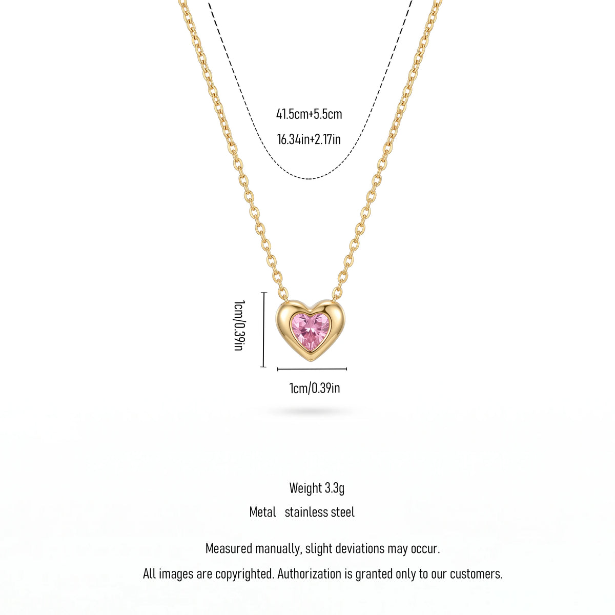 QIAOREN13960-61 Stainless Steel Pink Heart Necklace Gold Dainty Crystal Pendant Charm Jewelry for Women