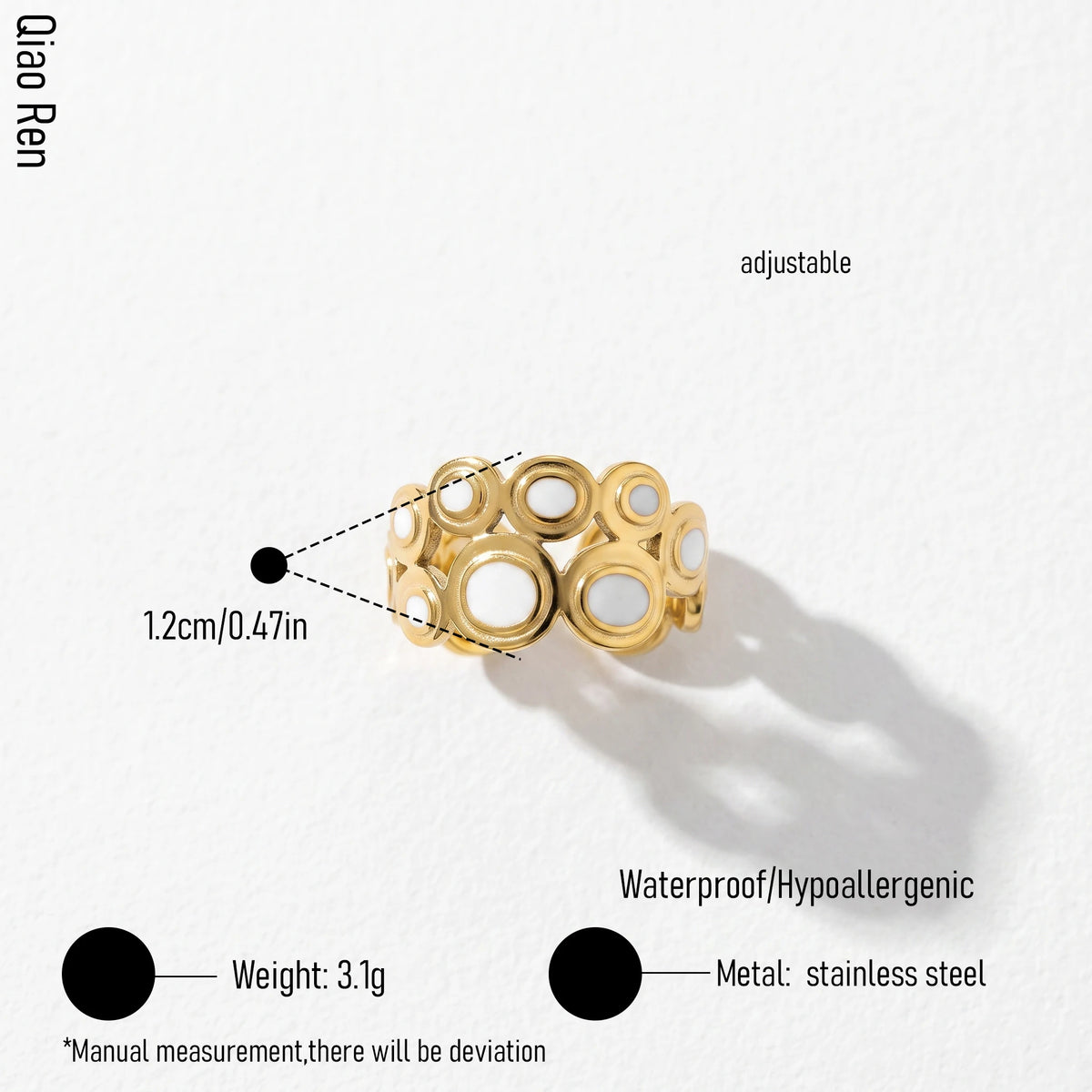 QIAOREN 14232-38 White Enamel Irregular Wave Open Ring Set, Abstract Curved Adjustable Stackable Ring Jewelry Gift