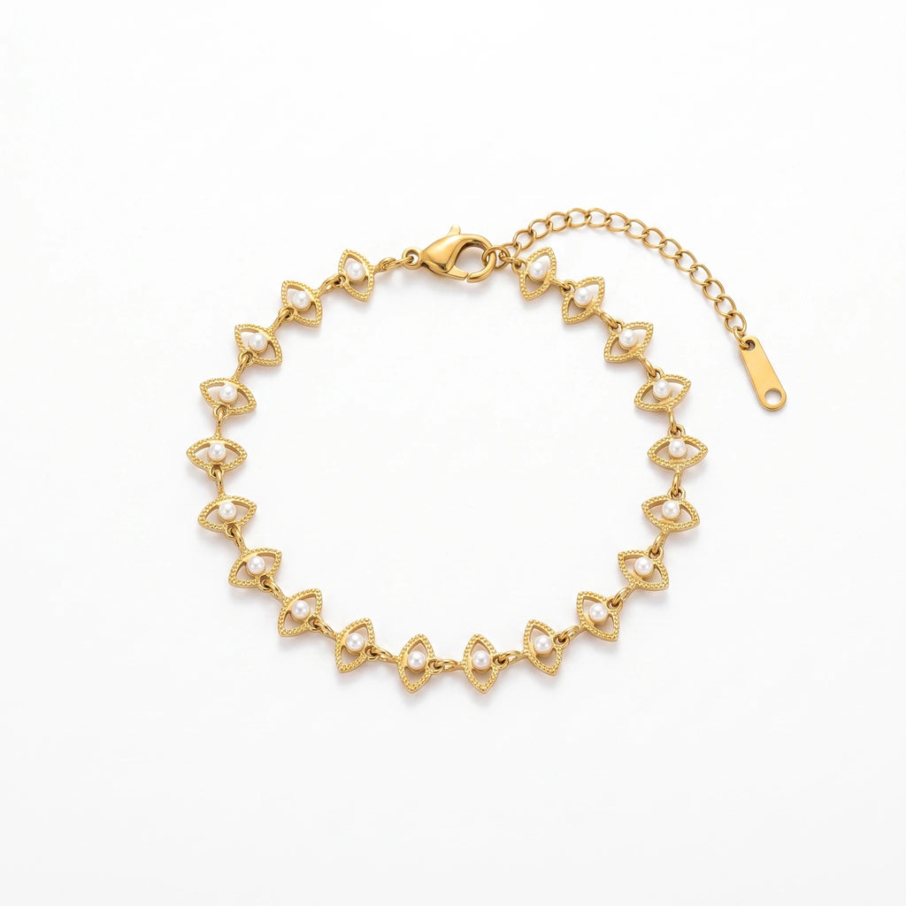 QIAOREN 13842 Stainless Steel Pearl Link Bracelet Waterproof Hypoallergenic Dainty Chain Jewelry Gift for Women