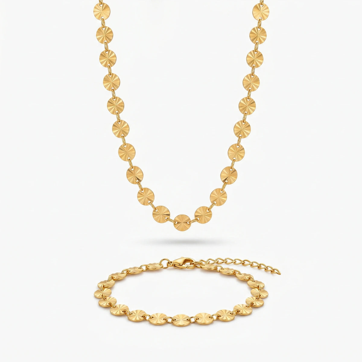 QIAOREN 10790 Trendy 18K Gold Plated Geometric Disc Chain Stainless Steel Adjustable Necklace Bracelet Set Fashion Jewelry