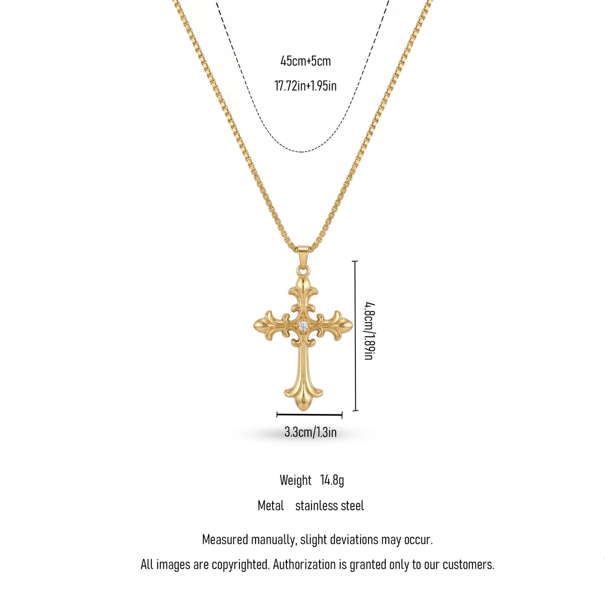 QIAOREN 13157 Gold Plated Vintage Cross Pendant Necklace Stainless Steel Gothic Christian CZ Necklace for Women Men
