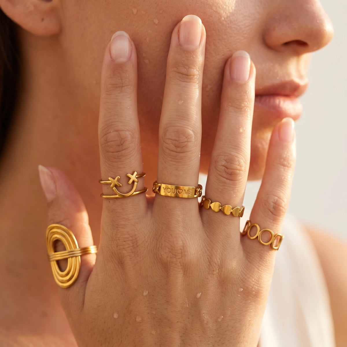 QIAOREN 10707 You & Me Engraved Gold Ring Set - 5Pcs Hypoallergenic Stainless Steel Open Rings