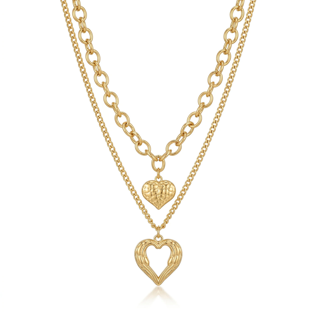QIAOREN 11505 Stainless Steel Double Layer Heart Necklace Wing Hollow Heart Pendant Adjustable Gold Stack Jewelry for Women