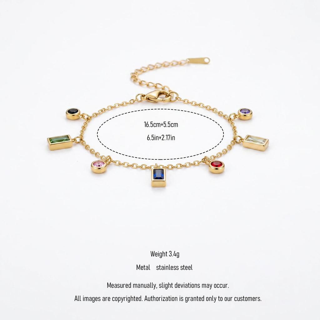 QIAOREN 13294 Gold Plated Stainless Steel Colorful Cubic Zirconia Station Bracelet Geometric Charm Chain for Women