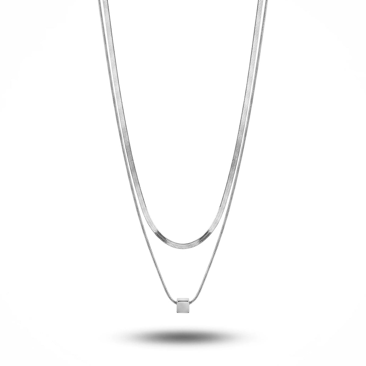 QIAOREN 11688 Minimalist Cube Layered Necklace 18K Gold Stainless Steel Herringbone Chain Choker for Women