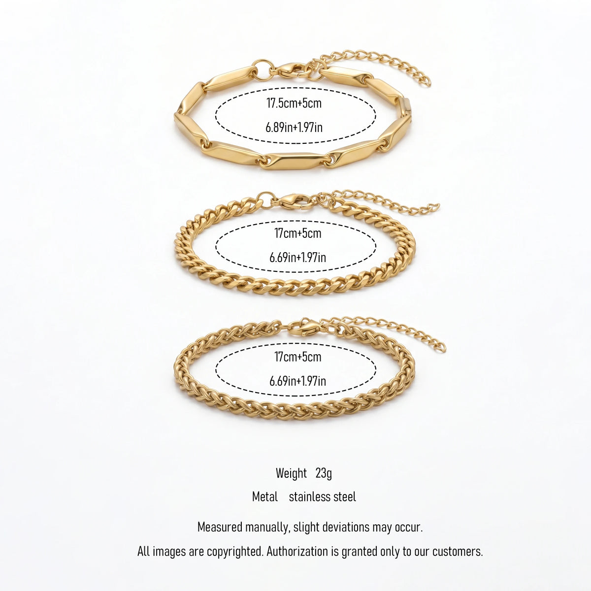 QIAOREN 11507 18K Gold Plated 3pcs Bracelet Set Elongated Paperclip Cuban Rope Chain Stainless Steel
