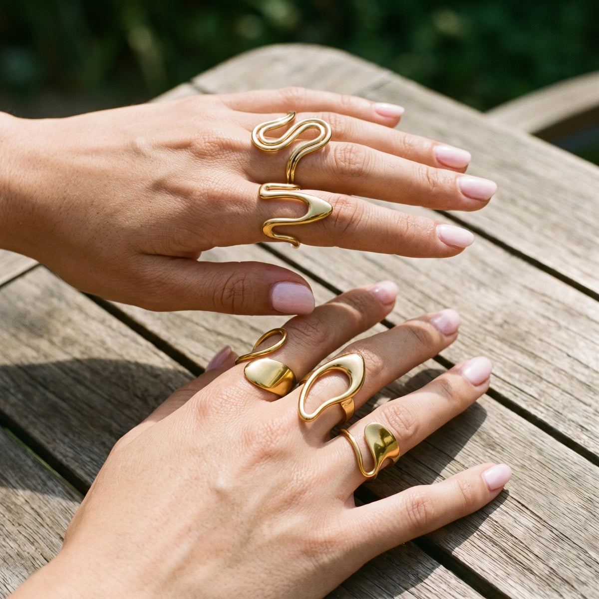 QIAOREN 14284-93 Abstract Irregular Wavy Open Cuff Ring Set, Adjustable Stackable Statement Rings, Stainless Steel Jewelry Gift