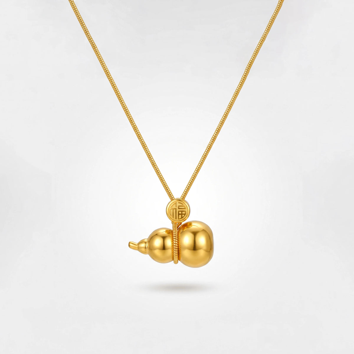 QIAOREN 13716 Snake Chain Pendant Necklace with Solid Gourd Charm Engraved Chinese Fu Character, Polished Gloss Gold