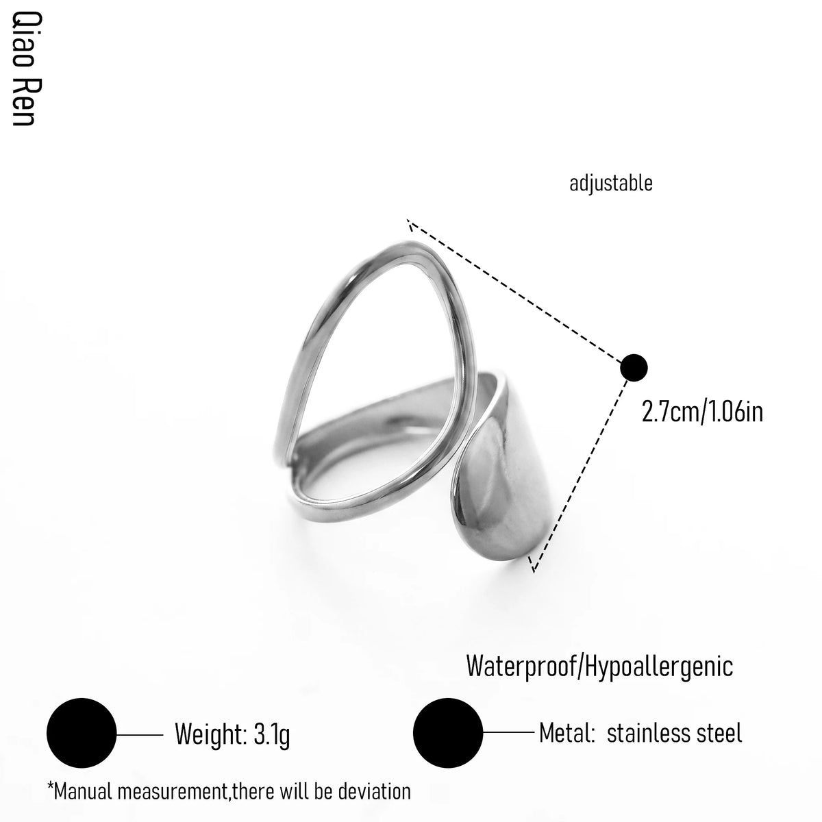 QIAOREN 14284-93 Abstract Irregular Wavy Open Cuff Ring Set, Adjustable Stackable Statement Rings, Stainless Steel Jewelry Gift