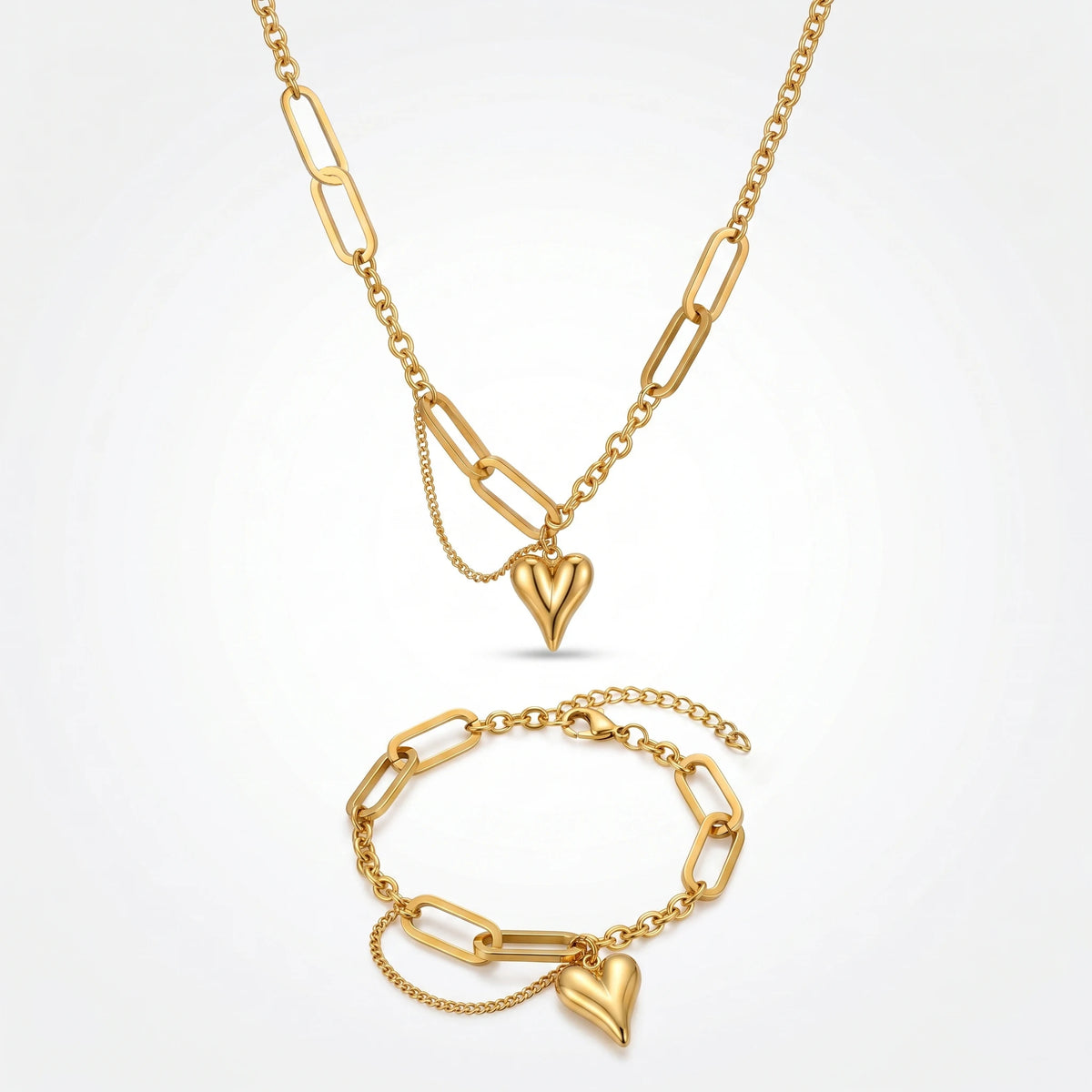QIAOREN 10812 Stainless Steel Paperclip Chain Jewelry Set Heart Pendant Necklace Bracelet Adjustable Gold Women Matching Gift