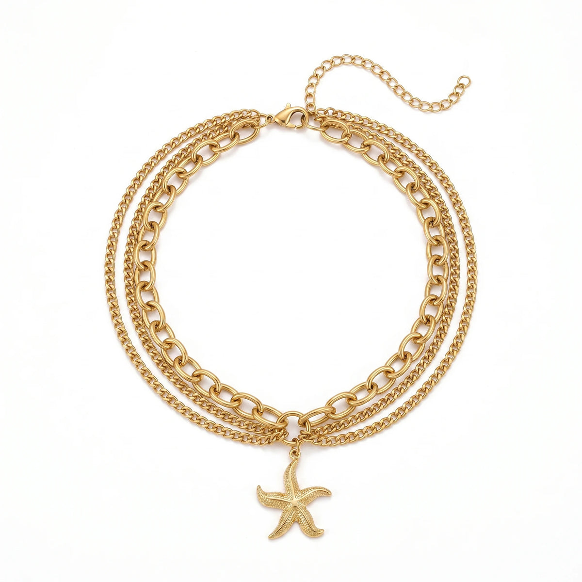QIAOREN 11435 Dainty Boho Starfish Layered Anklet 18K Gold Plated Stainless Steel Beach Foot Chain
