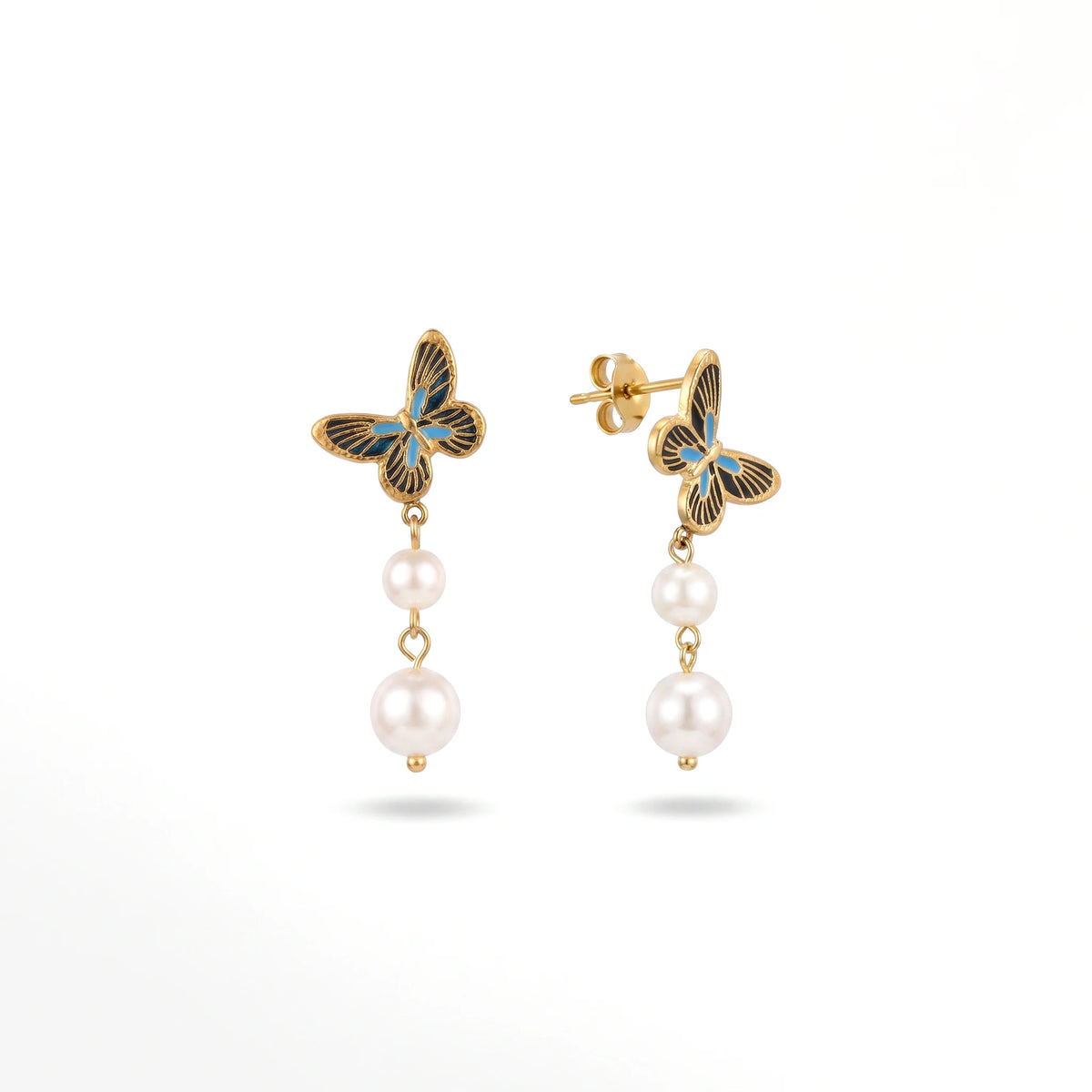 QIAOREN 13444 Gold Tone Butterfly Double Pearl Drop Stud Earrings Vintage Blue Black Insect Dangle Ear Jewelry Gift