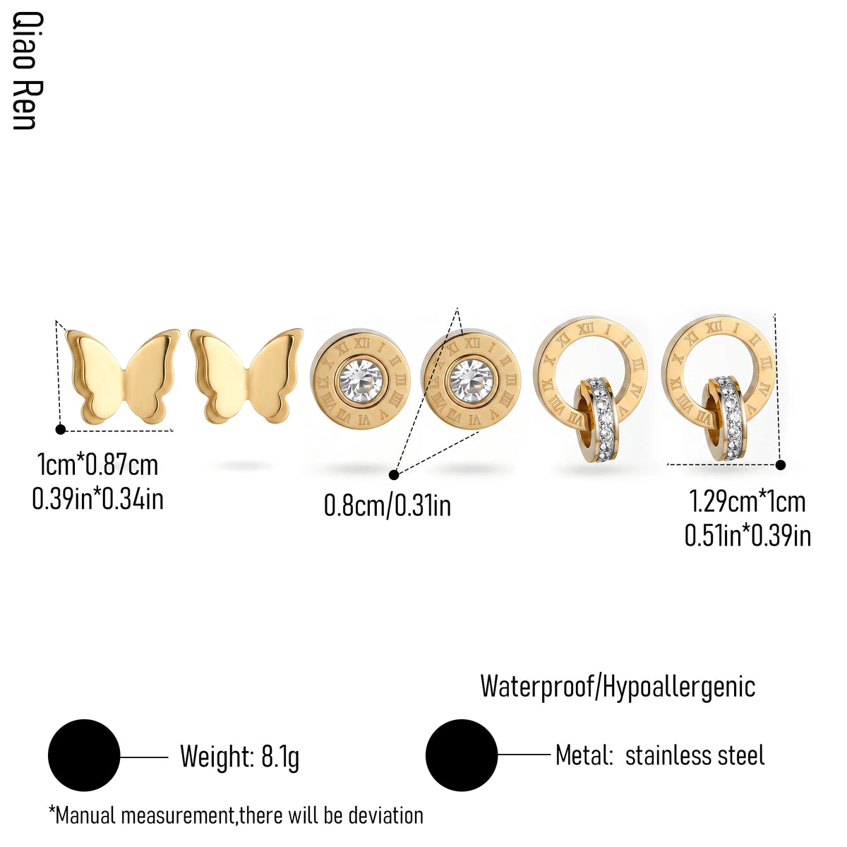 QIAOREN 14446 3 Pairs Gold Tone Stainless Steel Ear Studs Butterfly & Roman Numeral CZ Stud Earrings Set Jewelry Gift