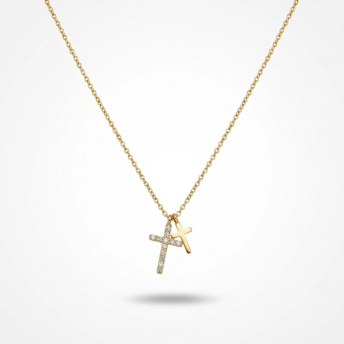 QIAOREN 13753 Thin Oval Link Chain Double Cross Pendant Necklace, One Paved Clear Zircon Cross & One Solid Plain Cross Charms