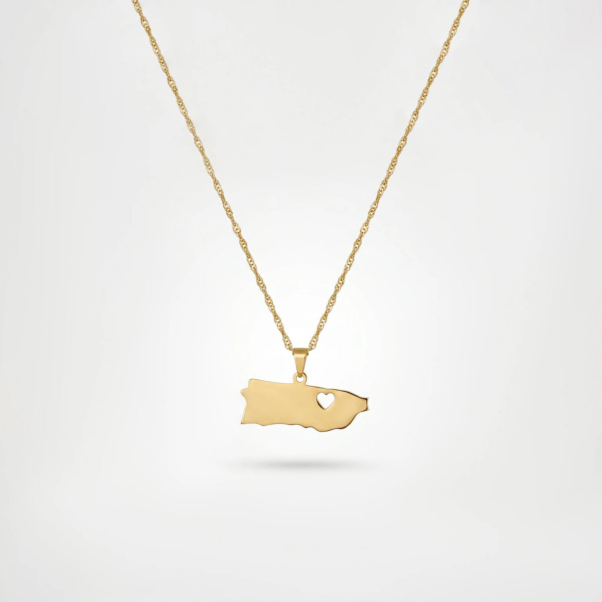 QIAOREN 12870 18KGoldPlated Puerto RicoMap Necklace StainlessSteel Island Heart Pendant Waterproof Tarnish Free Heritage Jewelry
