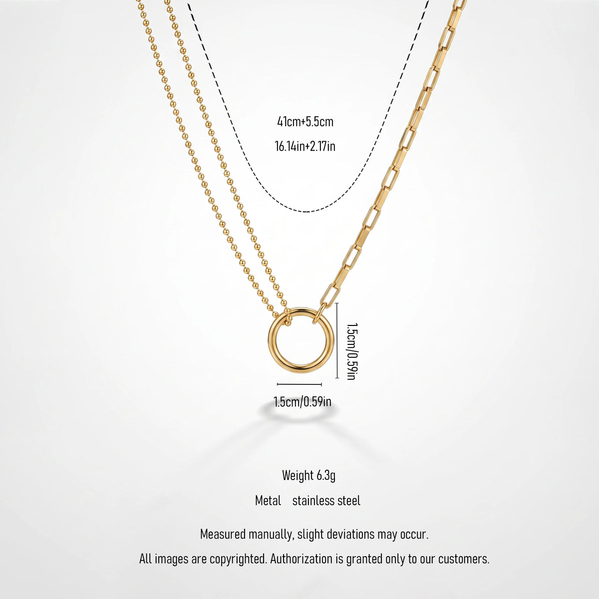 QIAOREN 13464 Circle Pendant Necklace with Ball Bead Chain & Paperclip Link Chain, Minimalist Layering Neck Jewelry Gift
