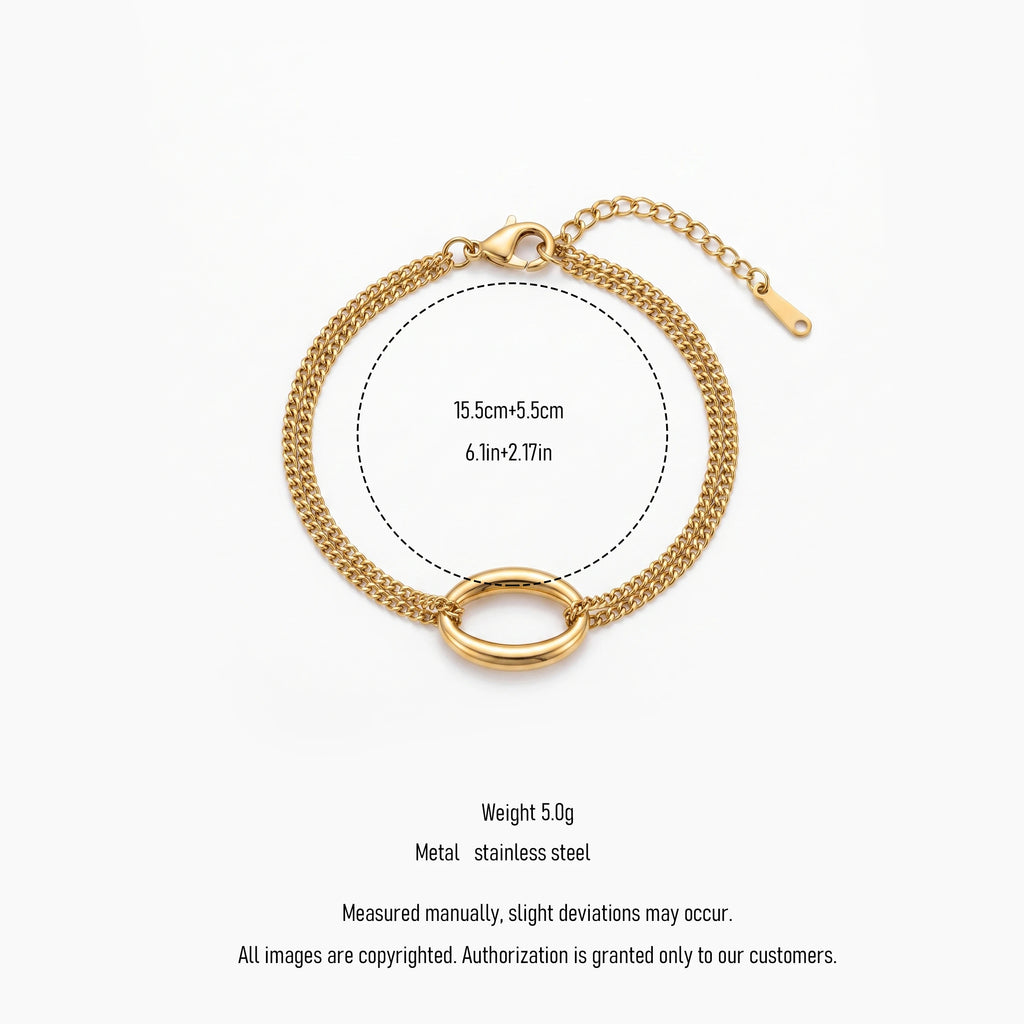 QIAOREN 13974 Stainless Steel Double Chain Bracelet Gold Oval Link Bracelet Adjustable Minimalist Jewelry for Women