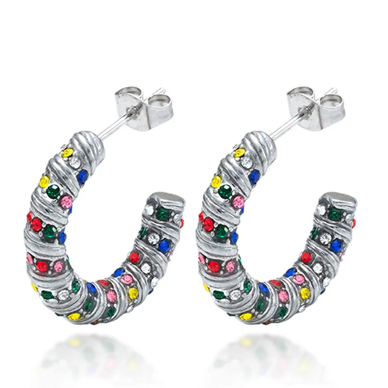 QIAOREN  12221-23 Waterproof Gold Stainless Steel Textured Hoop Earrings Multicolor CZ C Shape Huggies Wholesale