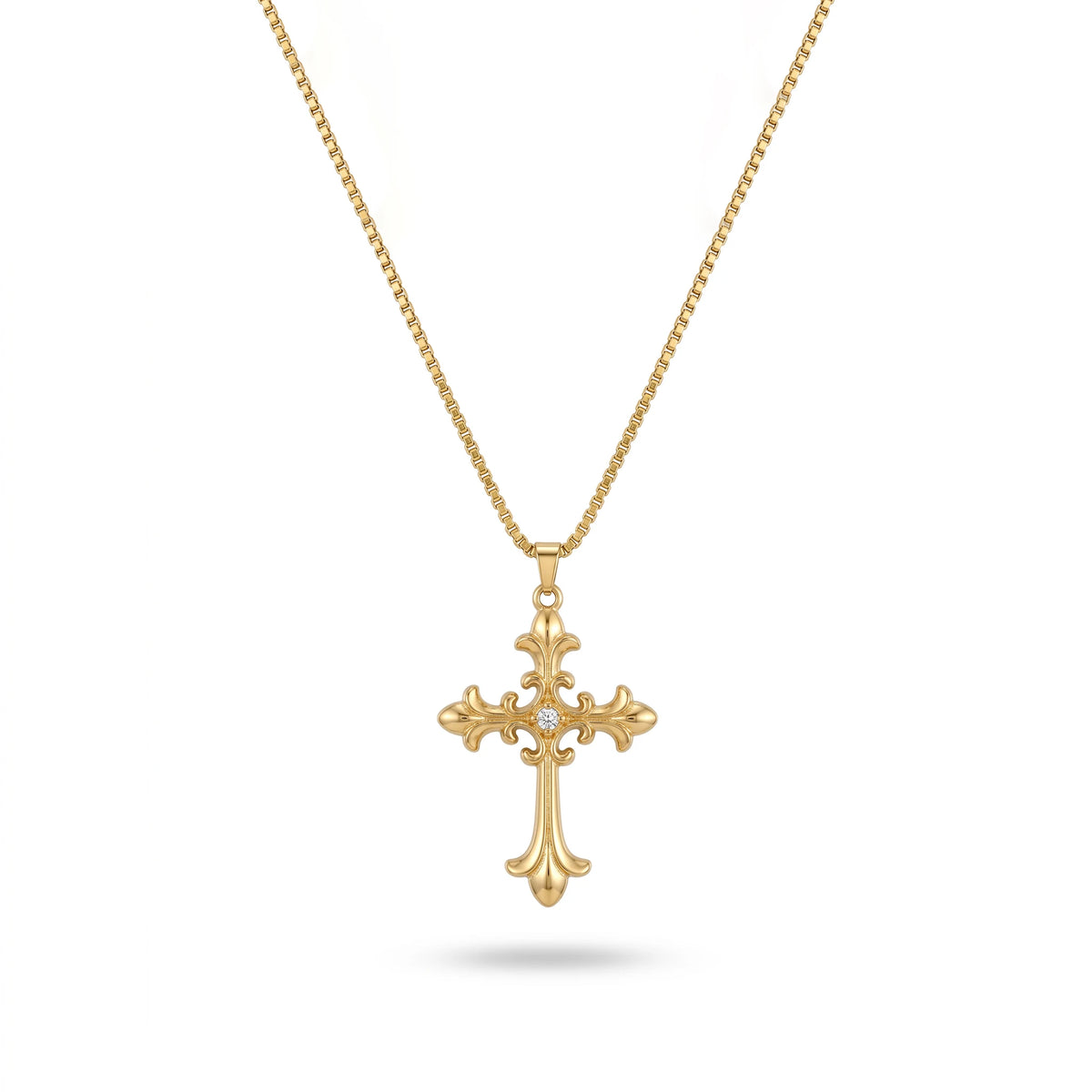 QIAOREN 13157 Gold Plated Vintage Cross Pendant Necklace Stainless Steel Gothic Christian CZ Necklace for Women Men