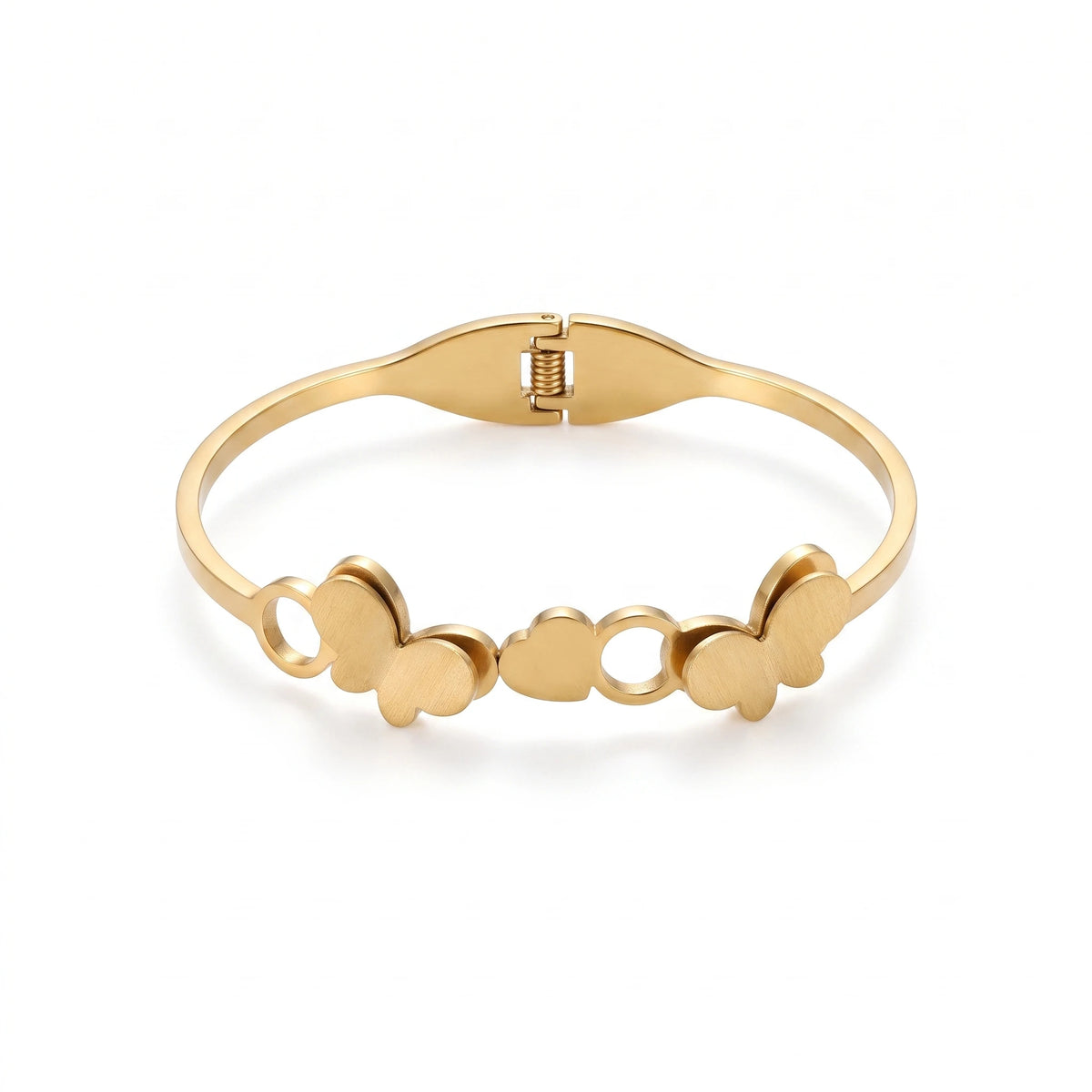 QIAOREN 13657 Spring Cuff Bangle Bracelet with Double Matte Butterfly & Hollow Circle Combined Charms, Polished Thin Bangle