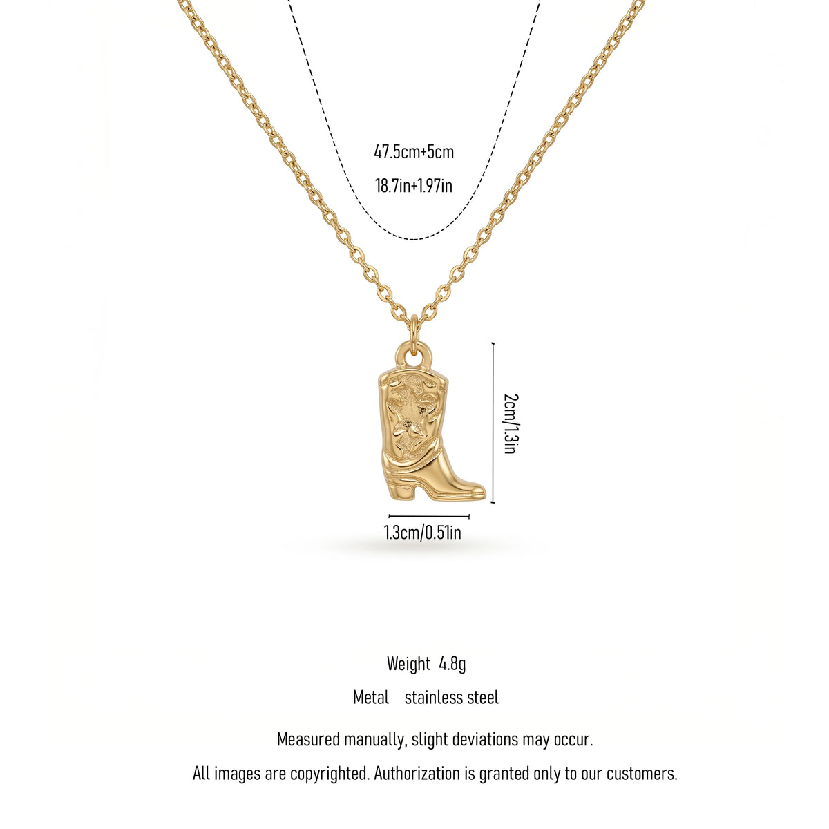 QIAOREN 11745 Edgy Cowboy Boot Pendant Necklace 18K Gold Stainless Steel Minimalist Western Style